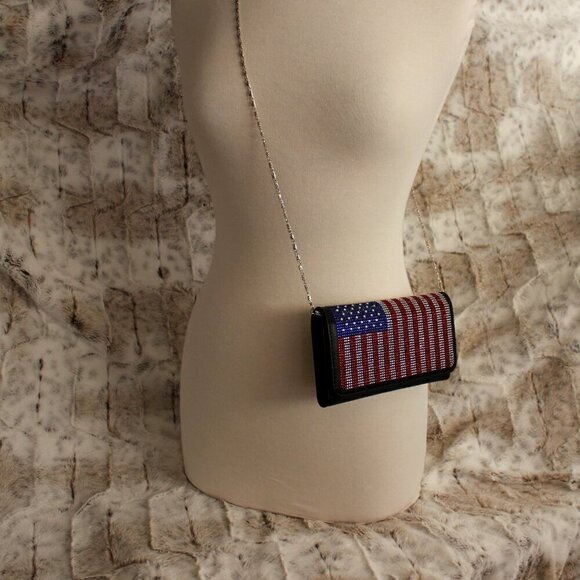 Patriotic Red White Blue Rhinestone Bling Black Hobo Crossbody Mini Shoulder Bag - Picture 11 of 11